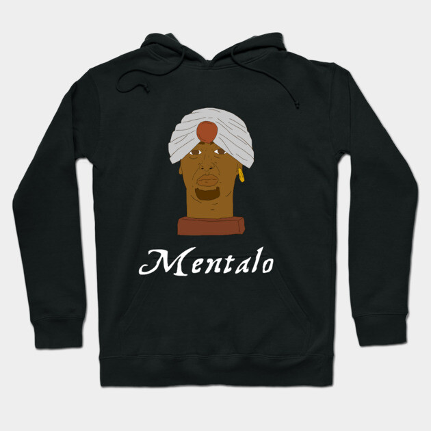 Black hoodie with unique graphic design and "Mentalo" text, perfect for casual wear, made from soft cotton blend.