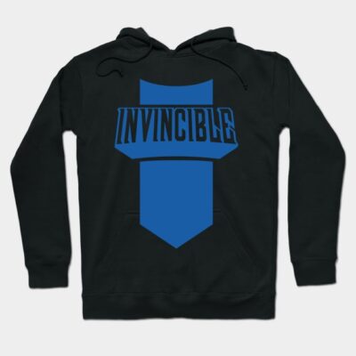 Black hoodie with blue "Invincible" graphic design, casual wear, comfortable cotton material for everyday use.