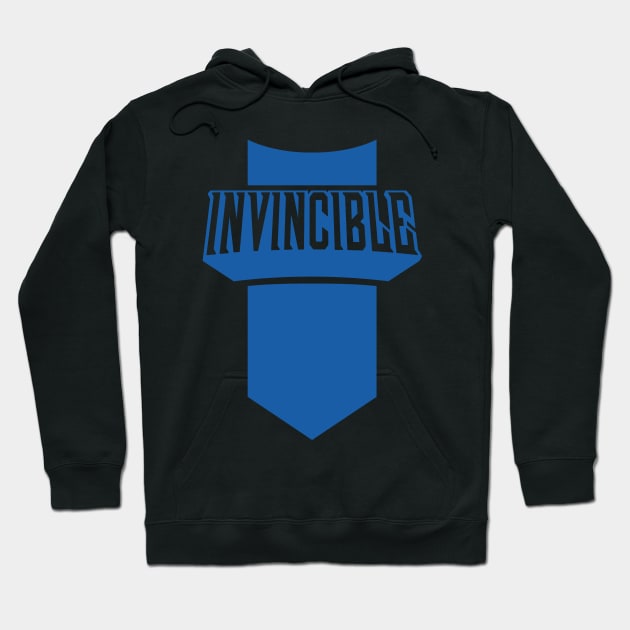 Black hoodie with blue "Invincible" graphic design, casual wear, comfortable cotton material for everyday use.