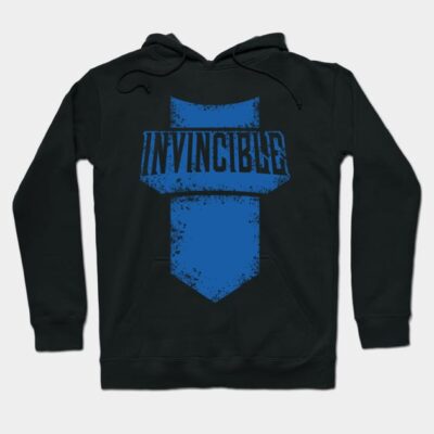 Black hoodie with blue "Invincible" graphic, casual style, perfect for everyday wear, made from soft, durable fabric.