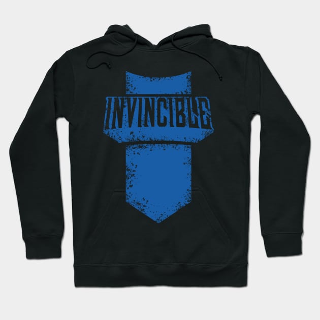 Black hoodie with blue "Invincible" graphic, casual style, perfect for everyday wear, made from soft, durable fabric.