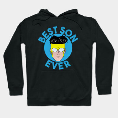 Black hoodie with "Best Son Ever" graphic, featuring a cartoon face in blue circle. Perfect for casual wear and gifting.