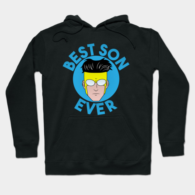 Black hoodie with "Best Son Ever" graphic, featuring a cartoon face in blue circle. Perfect for casual wear and gifting.