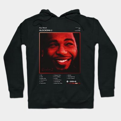 Black graphic hoodie featuring bold red design, music album cover theme, made from soft cotton, casual streetwear style.