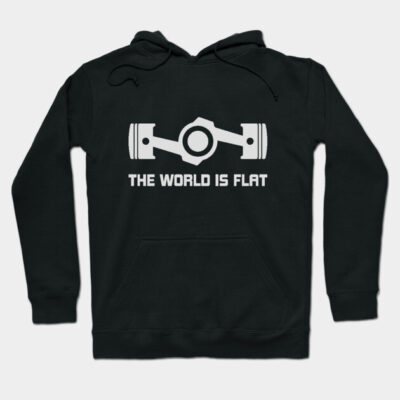 Black hoodie with "The World is Flat" graphic design, featuring a piston illustration. Ideal for casual wear or gifting.