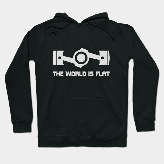 Black hoodie with "The World is Flat" graphic design, featuring a piston illustration. Ideal for casual wear or gifting.