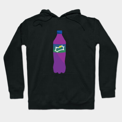 Black hoodie with a purple soda bottle graphic, featuring green and yellow label, casual wear, cotton blend material.