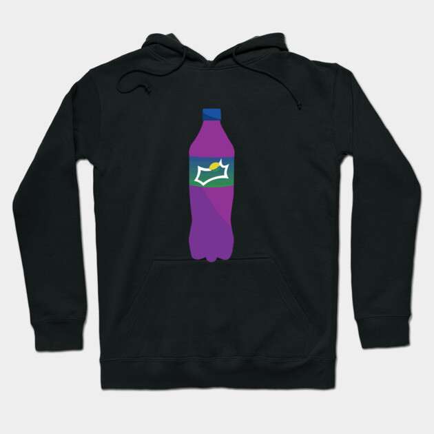 Black hoodie with a purple soda bottle graphic, featuring green and yellow label, casual wear, cotton blend material.