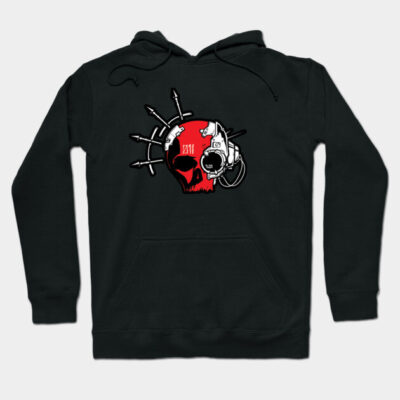 Black hoodie with red skull graphic, bold edgy design, casual streetwear, cotton blend, unisex fashion.