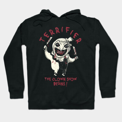 Black Terrifier hoodie featuring a clown graphic and text, ideal for horror fans, made from soft cotton blend.