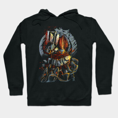 Black graphic hoodie with fantasy warrior design, featuring vibrant colors and intricate details, perfect for casual wear.