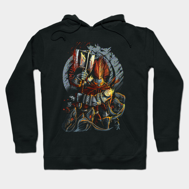 Black graphic hoodie with fantasy warrior design, featuring vibrant colors and intricate details, perfect for casual wear.