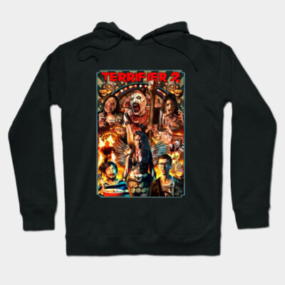Black horror-themed hoodie featuring colorful graphic design from Terrifier 2, ideal for casual wear.