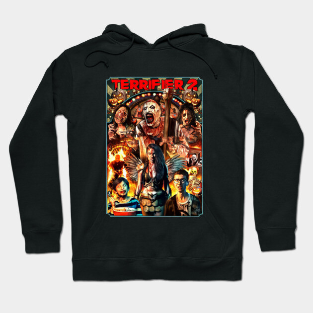 Black horror-themed hoodie featuring colorful graphic design from Terrifier 2, ideal for casual wear.