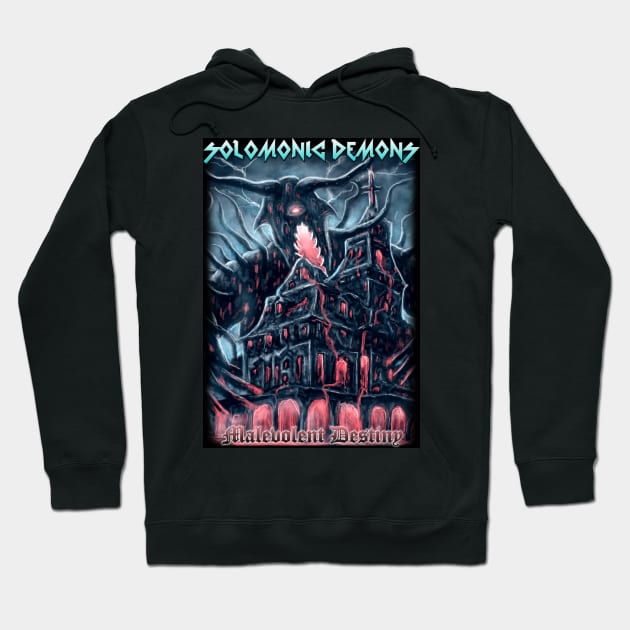 Black hoodie with "Solomonic Demons" graphic design, gothic style, perfect for casual wear.