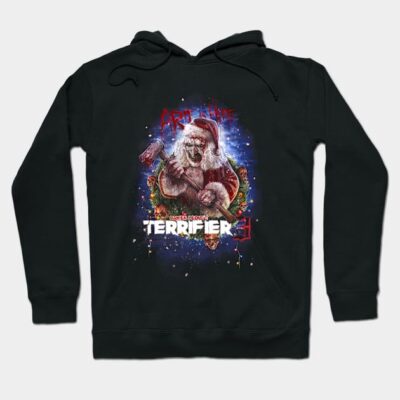 Black hoodie with festive horror graphic, featuring Santa in red, perfect for holiday-themed casual wear.