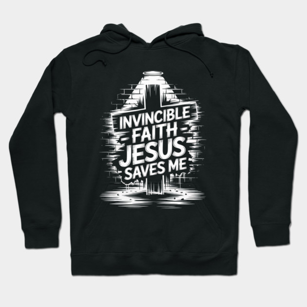 Black hoodie with "Invincible Faith Jesus Saves Me" design, casual style, perfect for everyday wear.