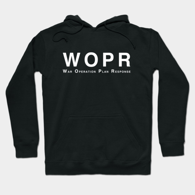 Black hoodie with "WOPR" text, casual style, front pocket, ideal for everyday wear, comfortable cotton blend material.