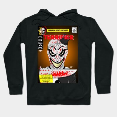 Black hoodie with horror comic graphic print, featuring bold red and white colors, perfect for casual or themed wear.