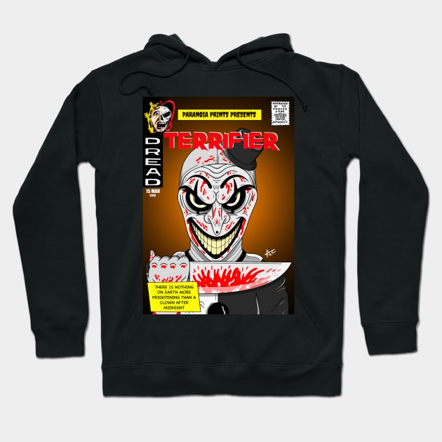 Black hoodie with horror comic graphic print, featuring bold red and white colors, perfect for casual or themed wear.