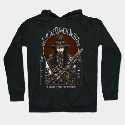 Black hoodie with "I Am the Dungeon Master" graphic, fantasy theme, cotton blend, perfect for casual wear or gaming sessions.