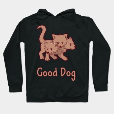 Black hoodie with red three-headed dog graphic and "Good Dog" text, casual style, cozy material.