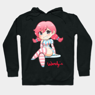 Black hoodie with cute cartoon character, pink hair, striped outfit. Cozy casual wear, perfect for cool weather.