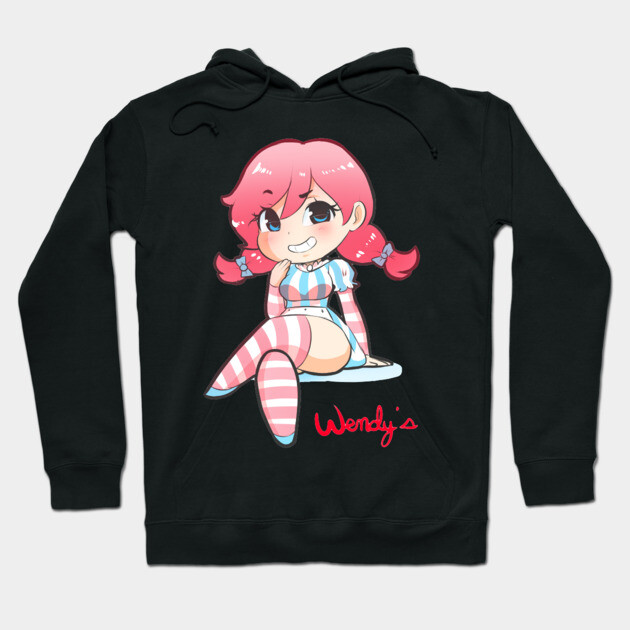 Black hoodie with cute cartoon character, pink hair, striped outfit. Cozy casual wear, perfect for cool weather.