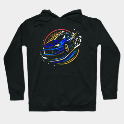Black hoodie with vibrant blue sports car graphic, ideal for casual wear, cotton material, unisex style.
