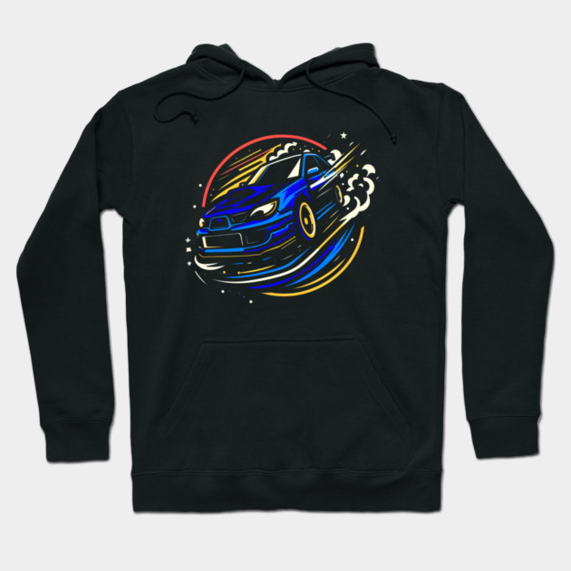 Black hoodie with vibrant blue sports car graphic, ideal for casual wear, cotton material, unisex style.