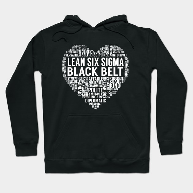 Black hoodie featuring Lean Six Sigma Black Belt text design in heart shape, ideal for casual wear.