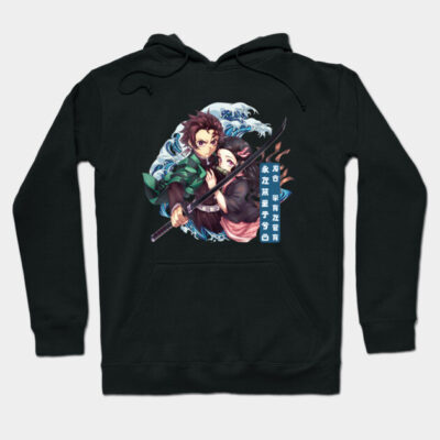 Black anime-themed hoodie with colorful graphic design, featuring characters in action. Perfect for casual wear.