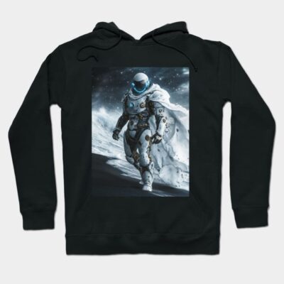 Black hoodie with futuristic astronaut design, ideal for casual wear, cotton material.
