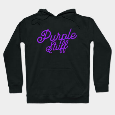 Black hoodie with "Purple Stuff" in purple script, cozy cotton blend, casual wear, unisex fashion.