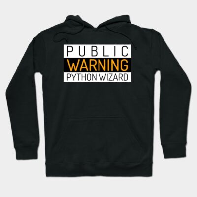 Black hoodie with "Public Warning Python Wizard" text, long sleeves, casual style, cotton blend for comfortable wear.