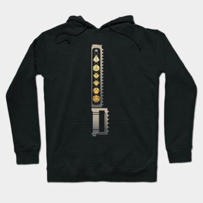 Black hoodie with geometric dice design, featuring a unique sword graphic, perfect for casual wear or gaming fans.