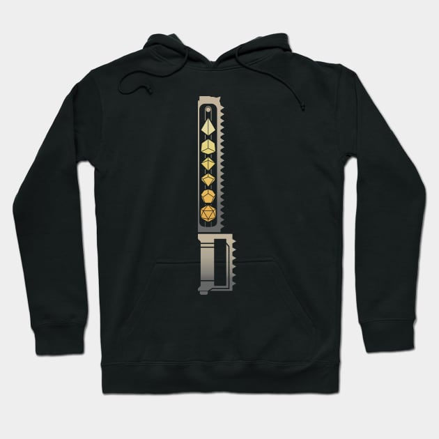 Black hoodie with geometric dice design, featuring a unique sword graphic, perfect for casual wear or gaming fans.