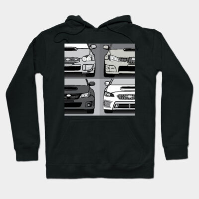 Black hoodie with car graphic design, featuring four illustrated car fronts, casual streetwear style.