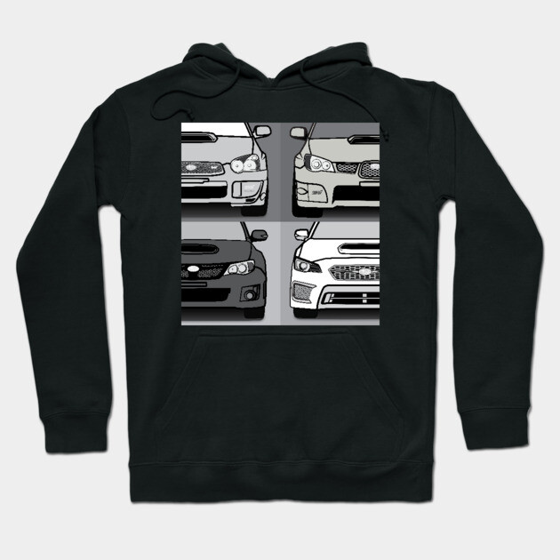 Black hoodie with car graphic design, featuring four illustrated car fronts, casual streetwear style.