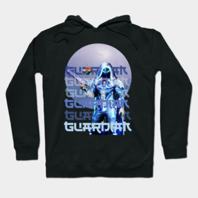 Black hoodie with futuristic blue warrior design, "Guardian" text, perfect for gaming enthusiasts.