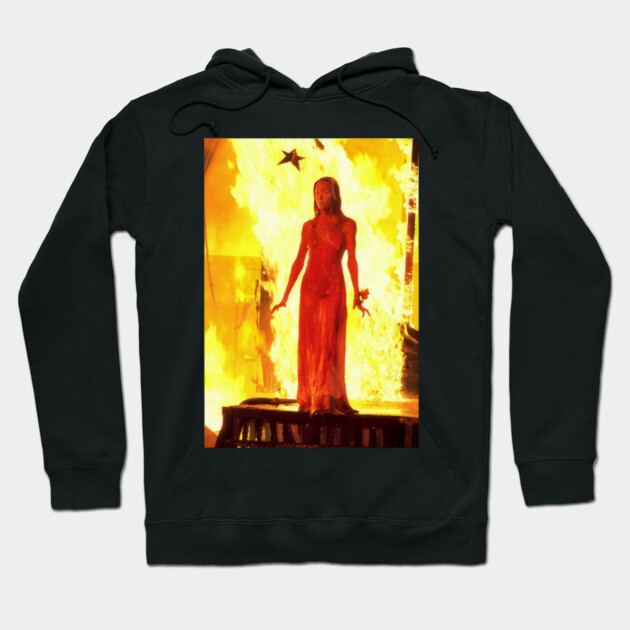 Black hoodie with fiery fantasy illustration, featuring a figure in a red dress amidst flames, cotton material.