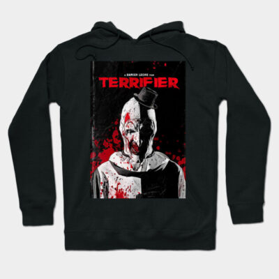 Black "Terrifier" hoodie with graphic print, horror-themed design, cotton material, perfect for casual wear.
