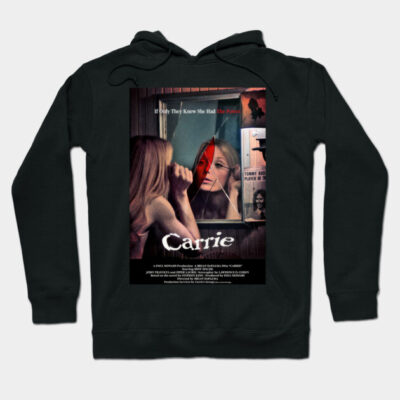 Black hoodie featuring vintage horror movie poster design, cozy cotton material, perfect for casual wear.