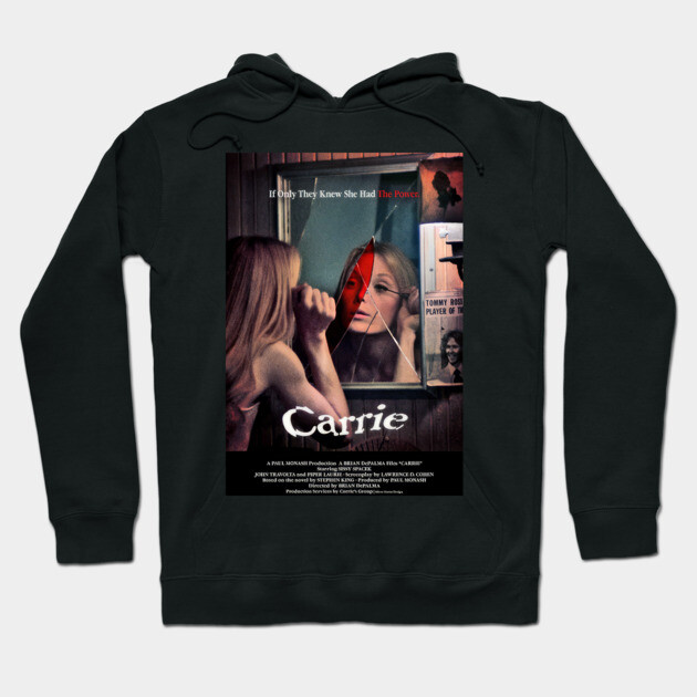 Black hoodie featuring vintage horror movie poster design, cozy cotton material, perfect for casual wear.