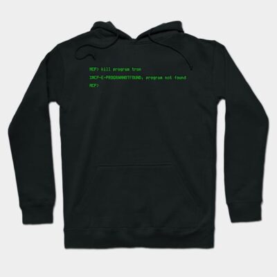 Black hoodie with green text print, casual style, cozy material, ideal for tech enthusiasts and everyday wear.