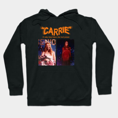 Black hoodie with "Carrie" graphic design, featuring bold orange text and movie scene images, ideal for casual wear.