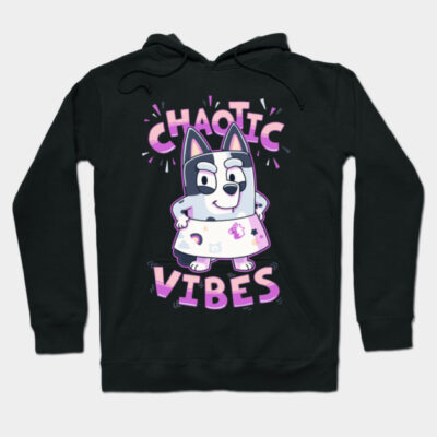 Black hoodie with "Chaotic Vibes" text and cartoon character, casual style, soft fabric, fun design for everyday wear.