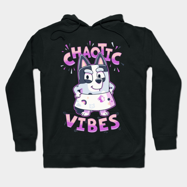 Black hoodie with "Chaotic Vibes" text and cartoon character, casual style, soft fabric, fun design for everyday wear.