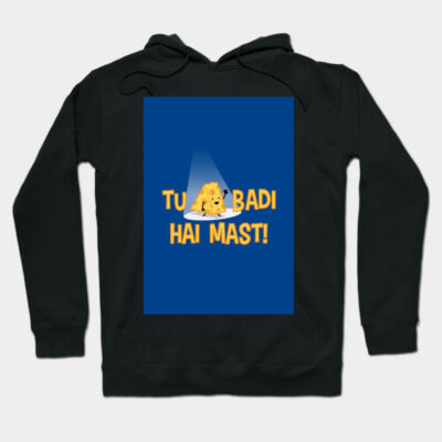 Black hoodie with yellow text and cheese illustration, "Tu Badi Hai Mast" design, casual wear, cotton material.