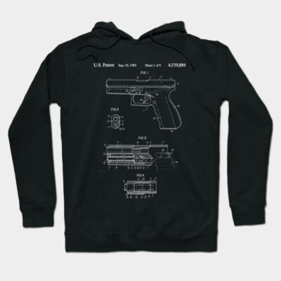 Black hoodie with vintage firearm patent print design, casual style, cotton fabric, perfect for everyday wear.